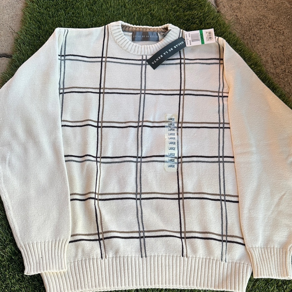 Oscar de la Renta Cream and Black Checkered Sweater Mens Size Large